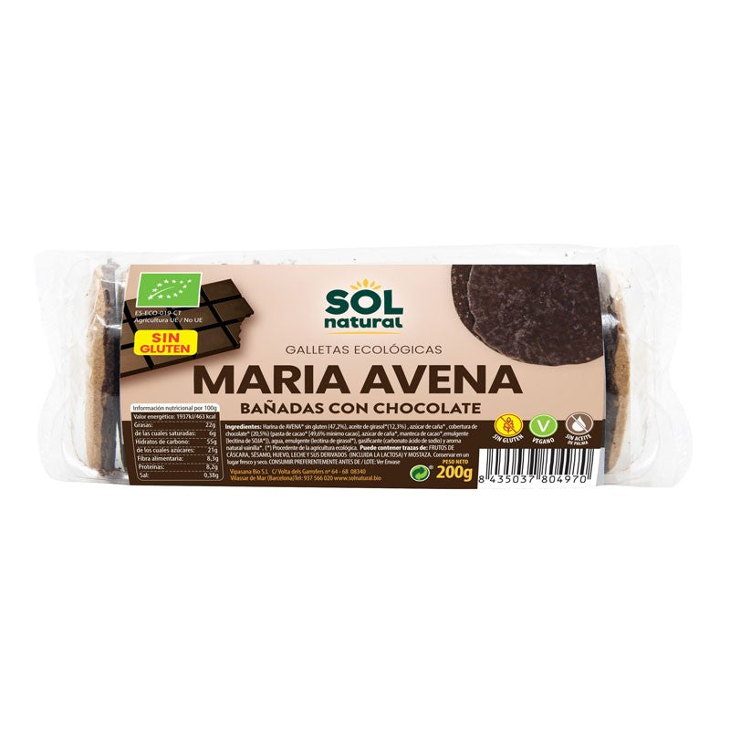 Galletas Maria de Avena bañadas chocolate sin gluten bio 200g Sol Natural