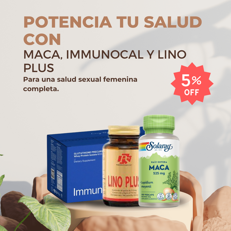 Potencia tu salud con Maca, Immunocal y Lino Plus, para una salud sexual femenina completa.