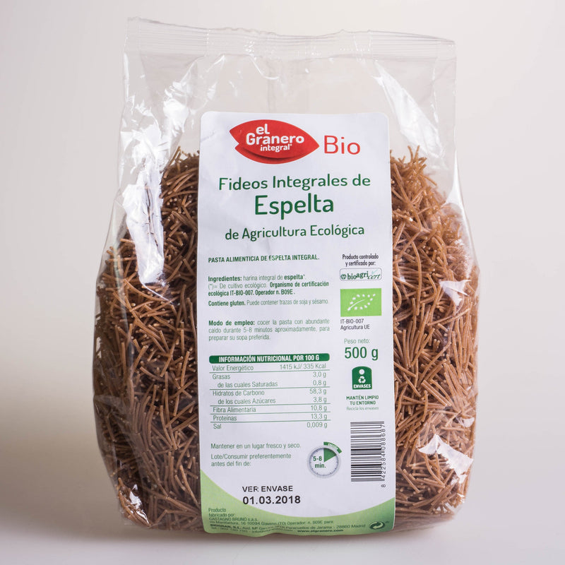 FIDEOS DE ESPELTA INTEGRAL BIO, 500 G - EL GRANERO - masquedietasonline.com 