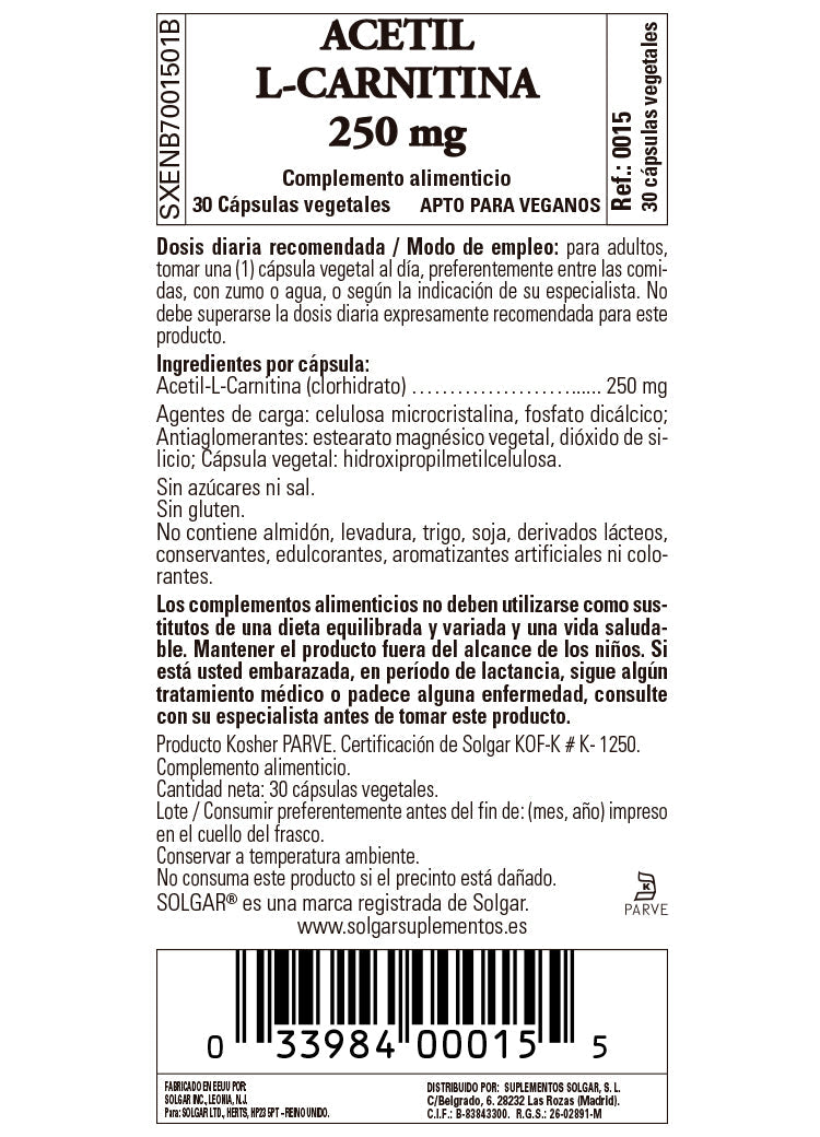 Acetil - L-Carnitina 250 mg - 30 Cápsulas vegetales