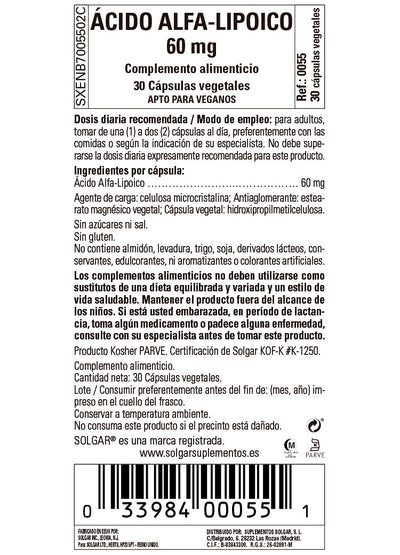 Ácido Alfa-Lipoico 60 mg - 30 Cápsulas vegetales