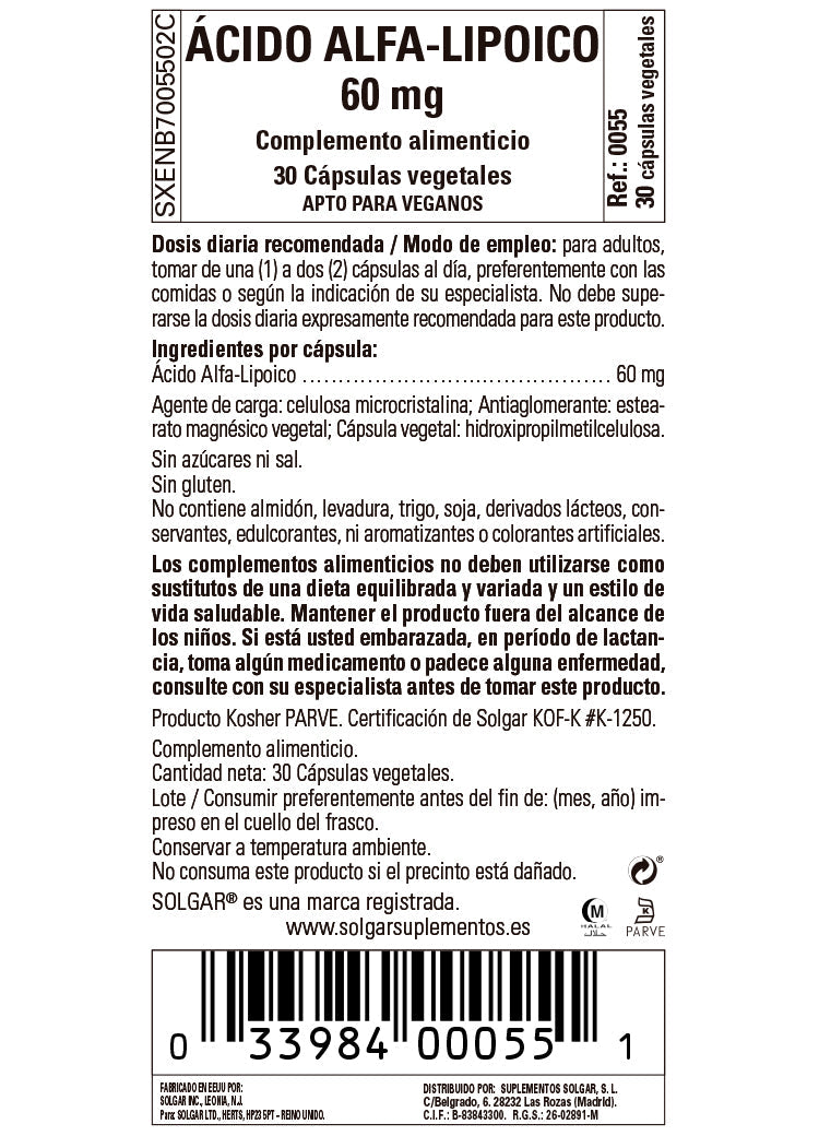 Ácido Alfa-Lipoico 60 mg - 30 Cápsulas vegetales