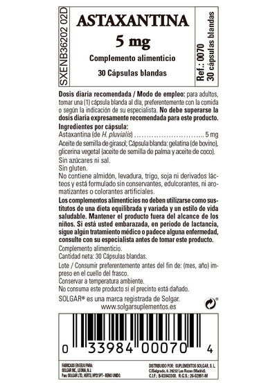 Astaxantina 5 mg - 30 Cápsulas blandas