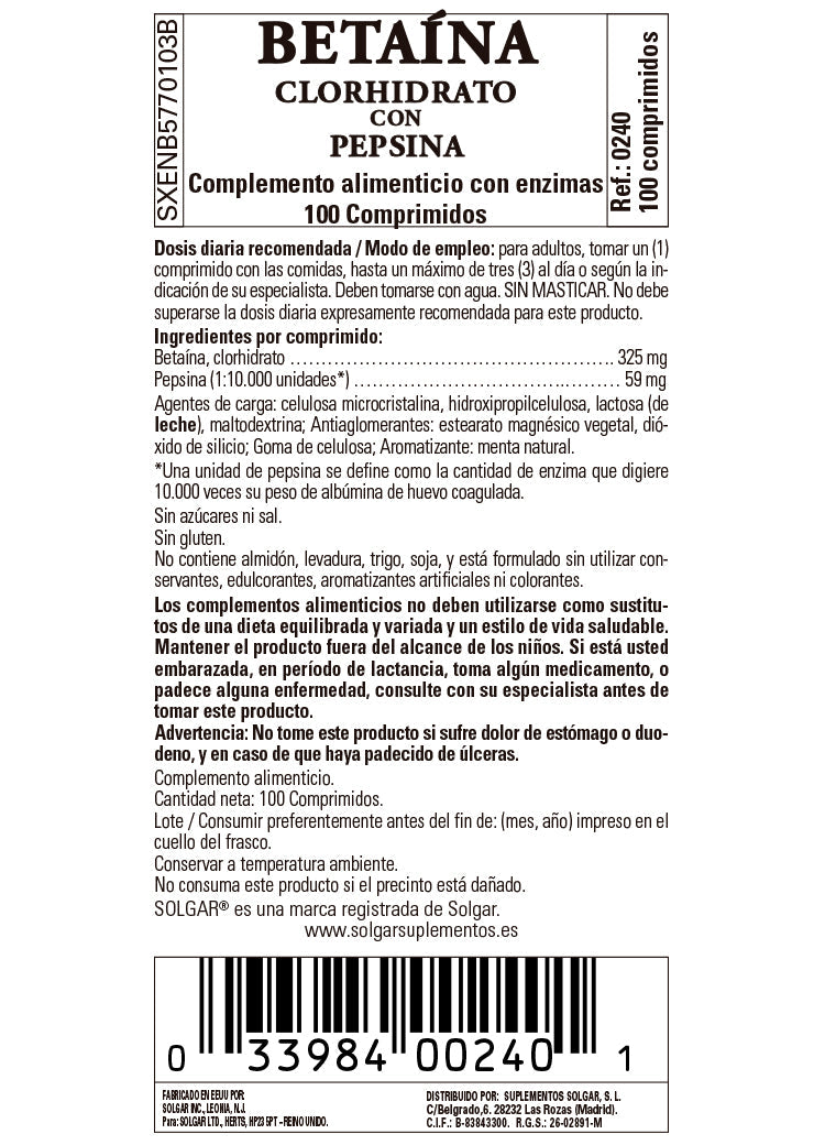 Betaína Clorhidrato con Pepsina - 100 Comprimidos