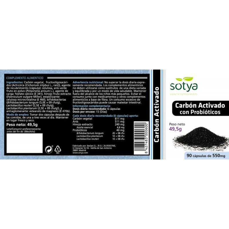 Carbon activo con probioticos 550mg 90 capsulas Sotya