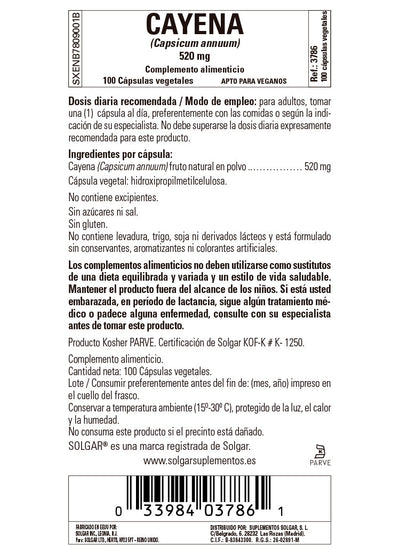 Cayena 520 mg (Capsicum annuum) - 100 Cápsulas vegetales