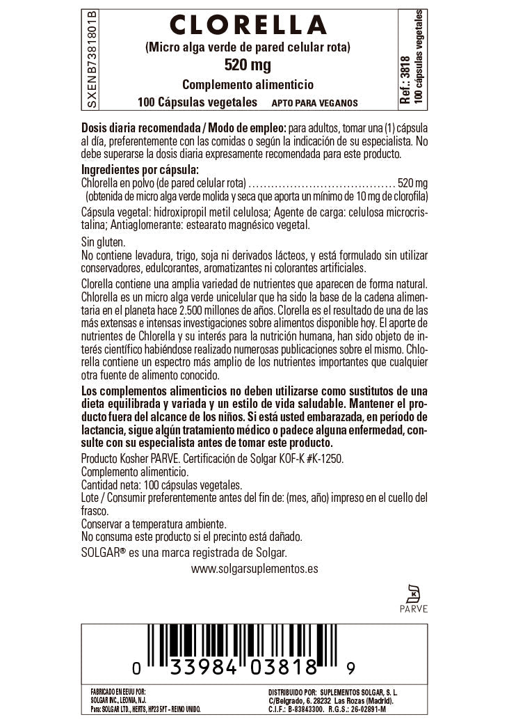 Clorella 520 mg (de pared celular rota) - 100 Cápsulas vegetales