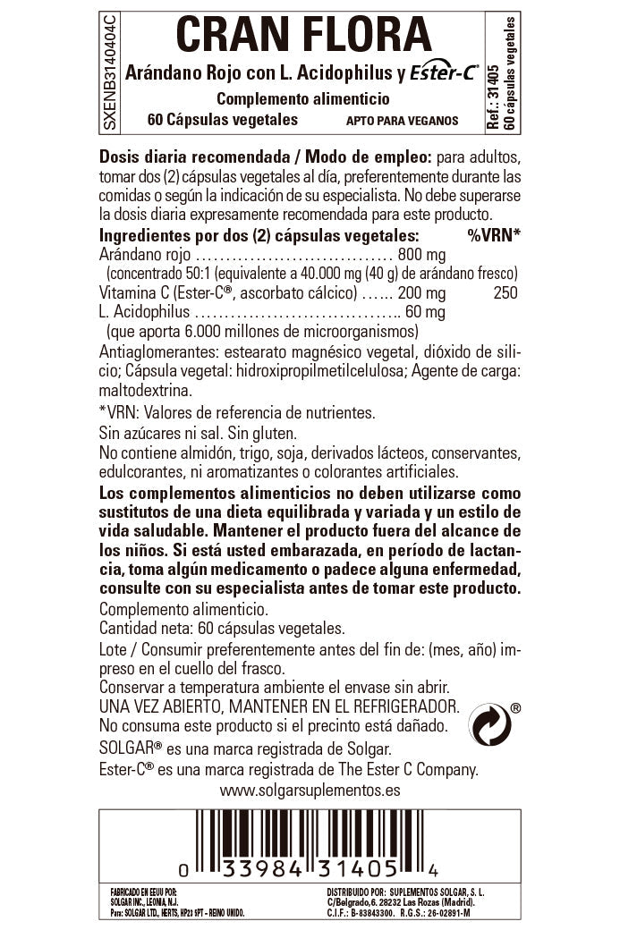 Cran Flora (Arándano Rojo con Probióticos y Ester-C®) - 60 Cápsulas vegetales