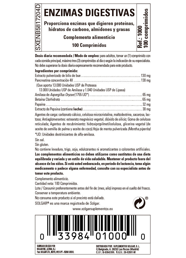 Enzimas Digestivas - 100 Comprimidos