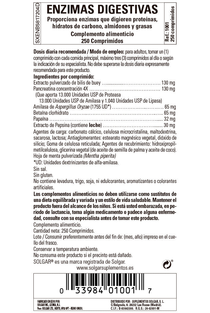 Enzimas Digestivas - 250 Comprimidos