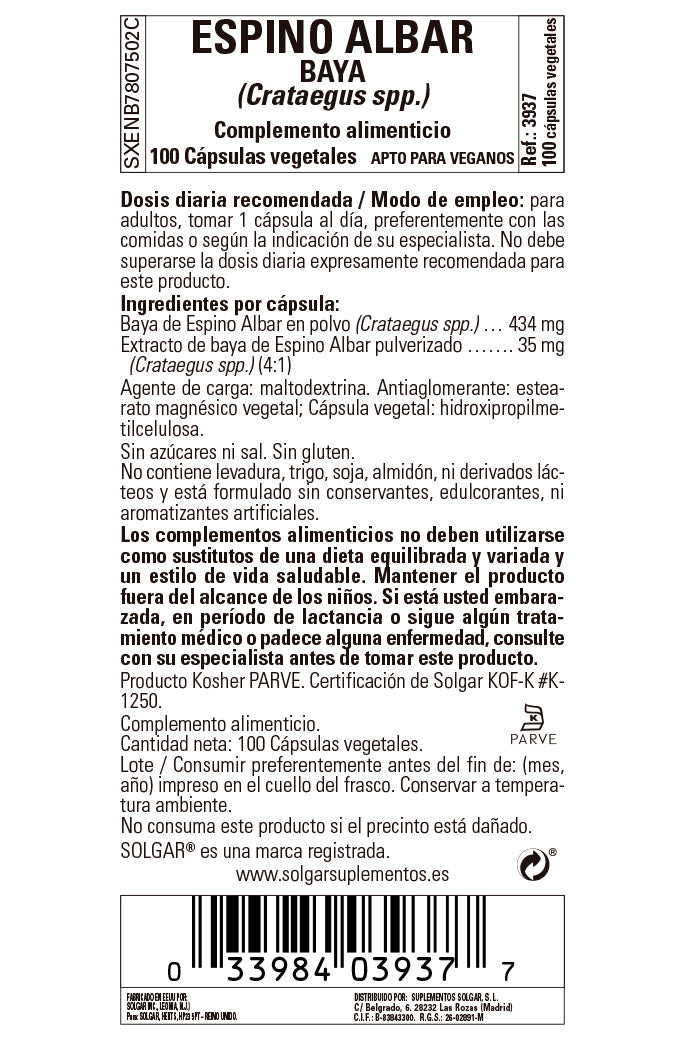 Espino Albar - baya (Crataegus oxyacantha) - 100 Cápsulas vegetales