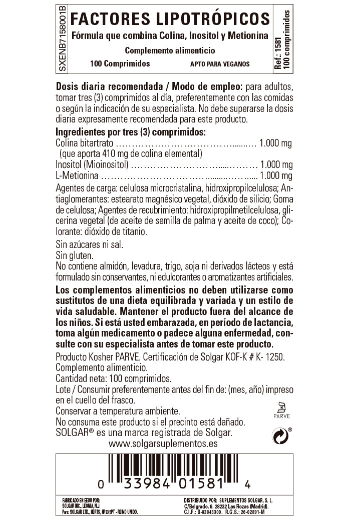 Factores Lipotrópicos - 100 Comprimidos