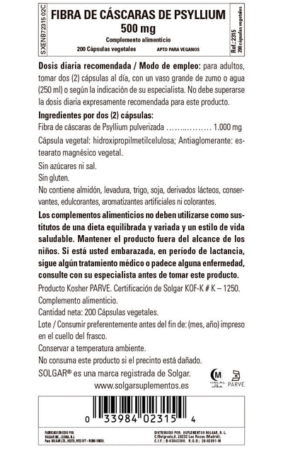 Fibra de Cáscara de Psyllium 500 mg - 200 Cápsulas vegetales