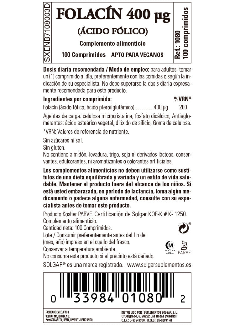 Folacín. Ácido Fólico 400 µg - 100 Comprimidos