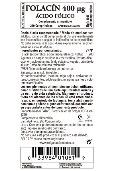 Folacín. Ácido Fólico 400 µg - 250 Comprimidos
