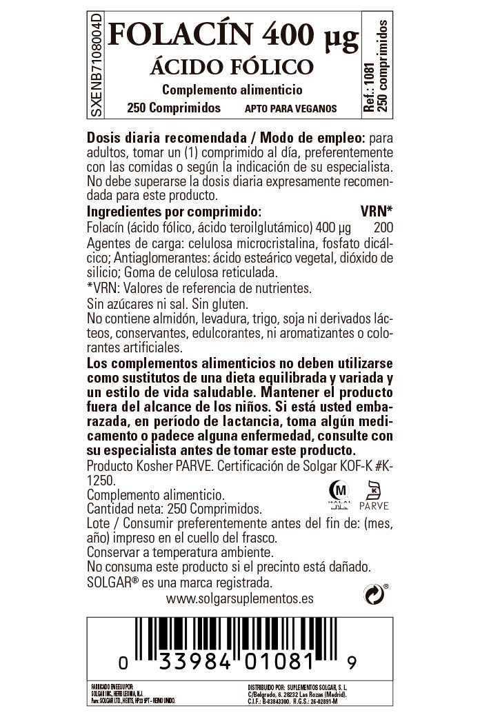 Folacín. Ácido Fólico 400 µg - 250 Comprimidos
