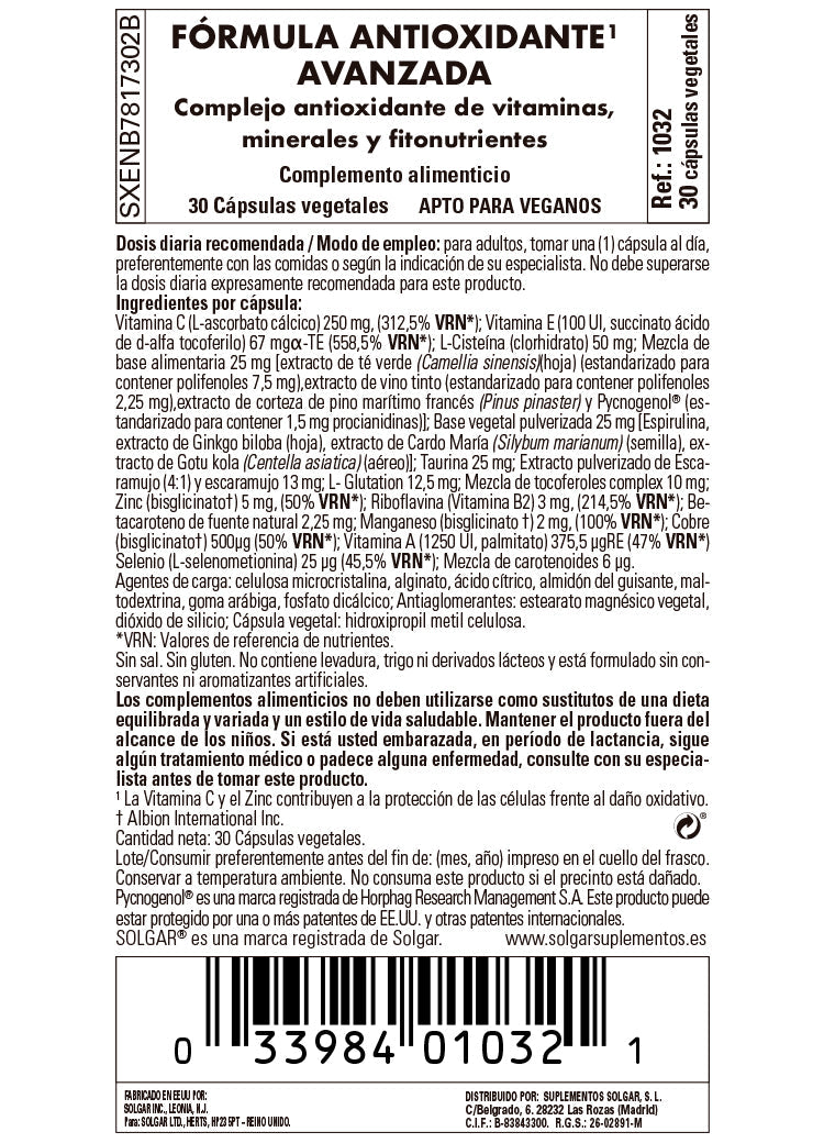 Fórmula Antioxidante Avanzada - 30 Cápsulas vegetales