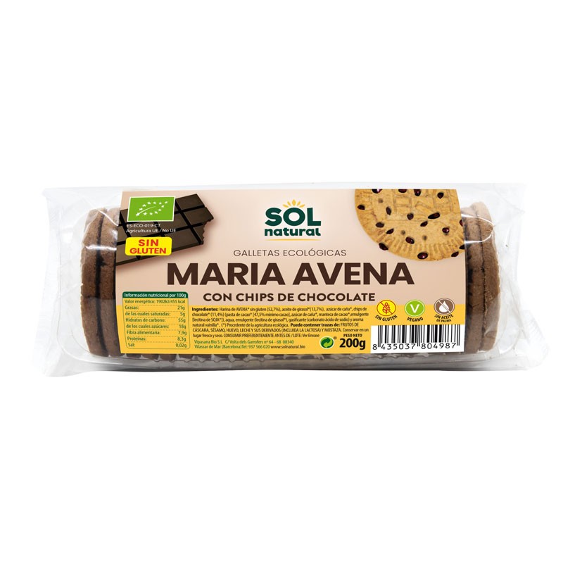 Galletas Maria de Avena con chips chocolate sin gluten bio 200g Sol Natural