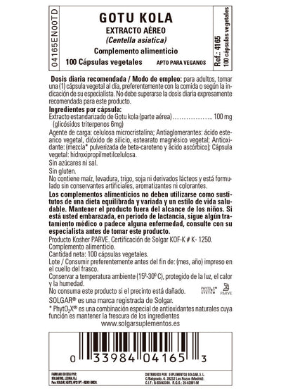 Gotu Kola Extracto Aéreo (Centella asiatica) - 100 Cápsulas vegetales