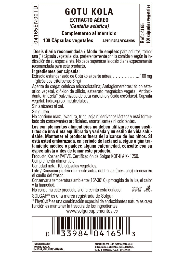 Gotu Kola Extracto Aéreo (Centella asiatica) - 100 Cápsulas vegetales