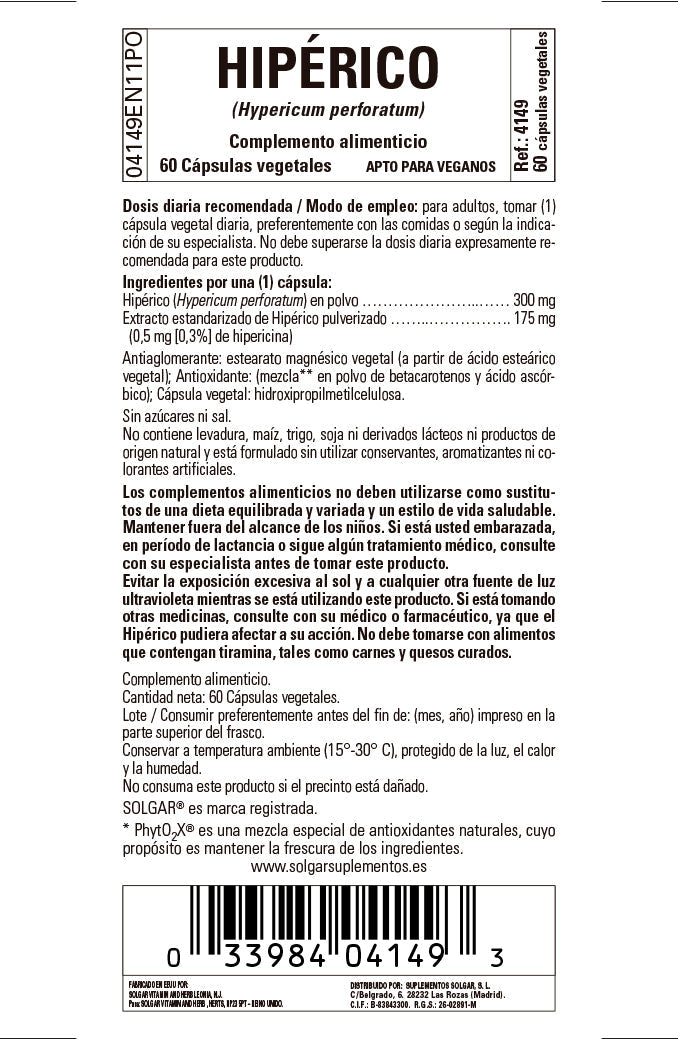 Hipérico (Hypericum perforatum) 175 mg ("corazoncillo") - 60 Cápsulas vegetales