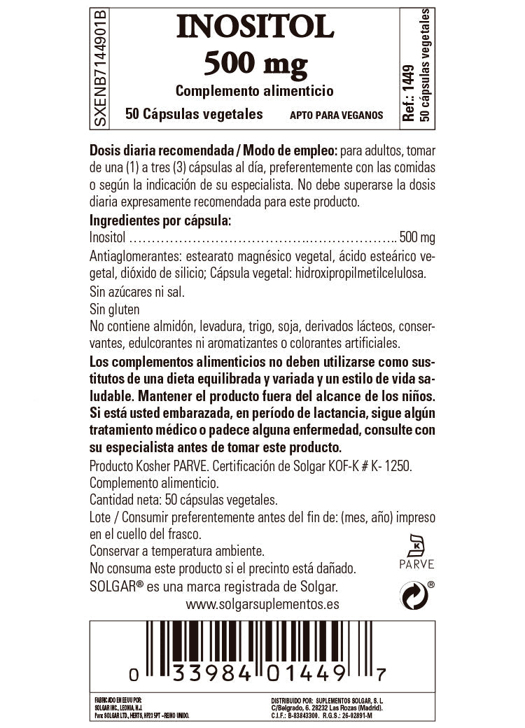 Inositol 500 mg - 50 Cápsulas vegetales