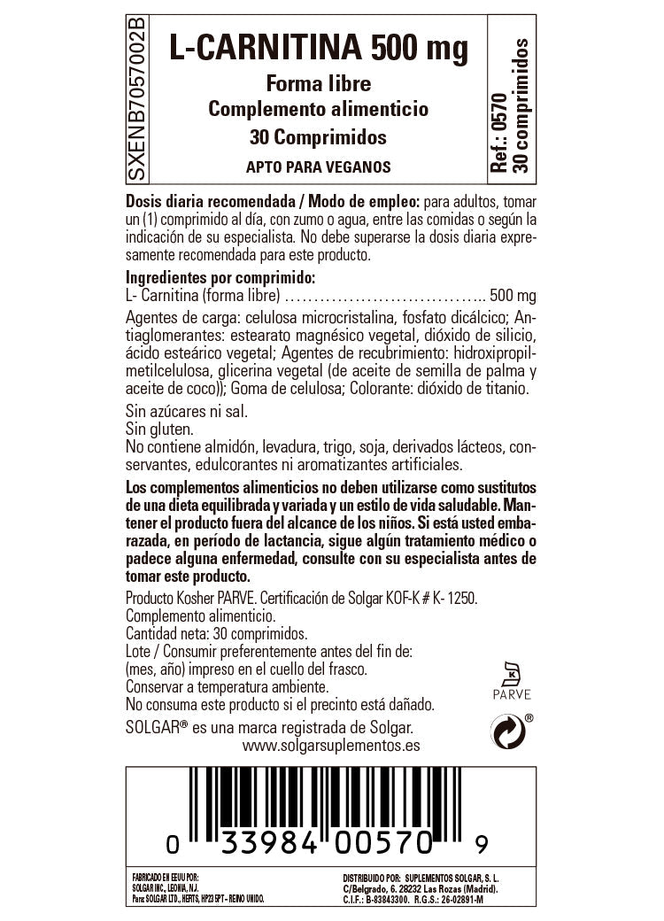 L-Carnitina 500 mg - 30 Comprimidos