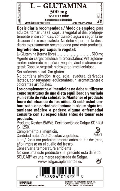 L-Glutamina 500 mg - 250 Cápsulas vegetales