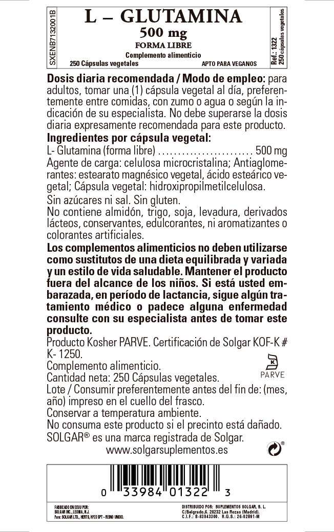L-Glutamina 500 mg - 250 Cápsulas vegetales