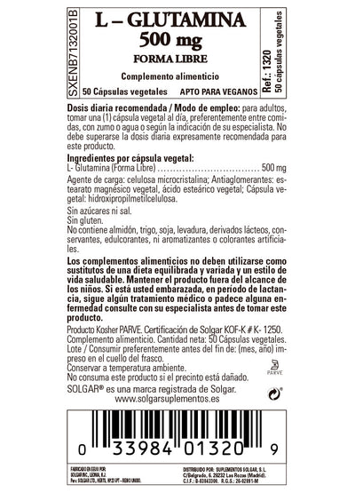 L-Glutamina 500 mg - 50 Cápsulas vegetales