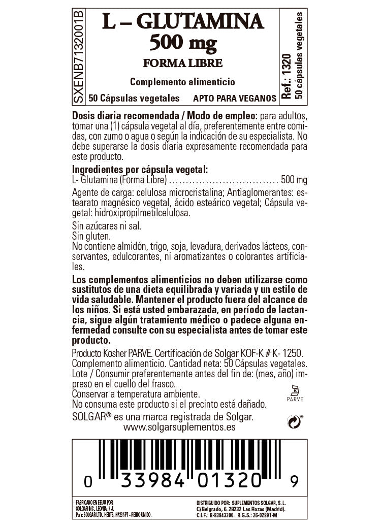L-Glutamina 500 mg - 50 Cápsulas vegetales