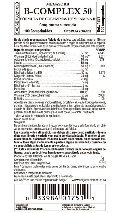 Megasorb Vitamina B-Complex 50 - 100 Comprimidos