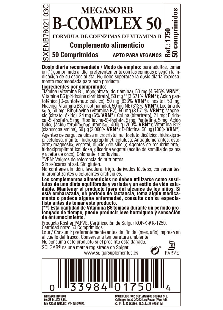 Megasorb Vitamina B-Complex 50 - 50 Comprimidos