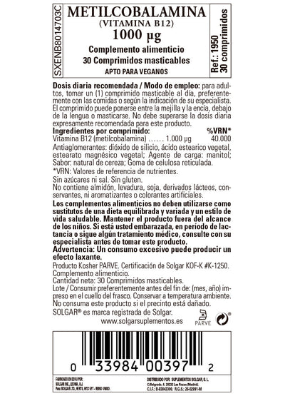 Vitamina B12 1000 mcg (Metilcobalamina) - 100 Comprimidos masticables