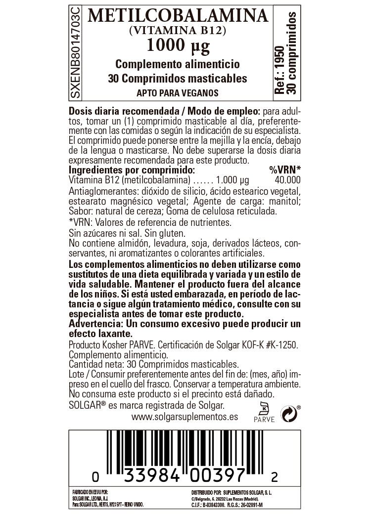 Vitamina B12 1000 mcg (Metilcobalamina) - 100 Comprimidos masticables