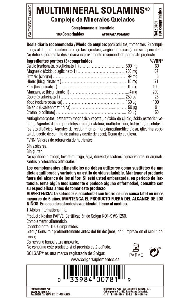 Multimineral Solamins. Minerales Quelados - 180 comprimidos
