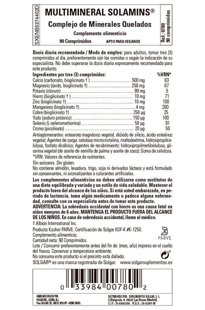 Multimineral Solamins. Minerales Quelados - 90 comprimidos