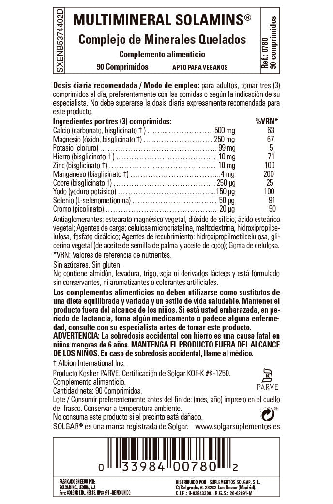 Multimineral Solamins. Minerales Quelados - 90 comprimidos