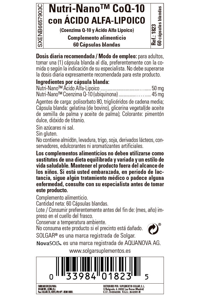 Nutri-NanoTM CoQ-10 con Ácido Alfa-Lipoico - 60 Cápsulas blandas