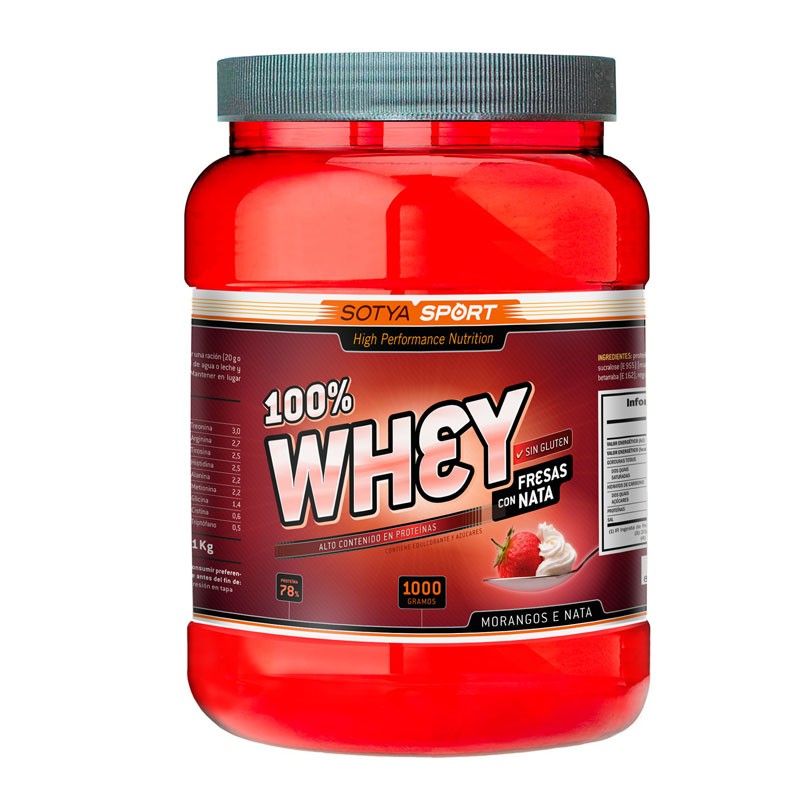 Proteína de suero de leche 100 % whey sabor fresa y nata 1kg Sotya