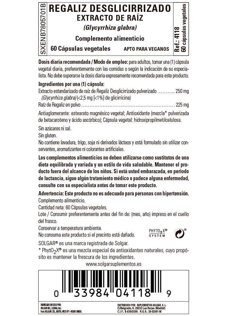 Regaliz Desglicirrizado Extracto de Raíz (Glycyrrhiza glabra) - 60 Cápsulas vegetales
