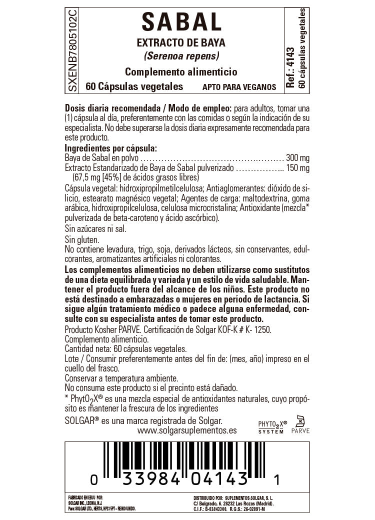 Sabal Extracto de Baya (Serenoa repens) - 60 Cápsulas vegetales
