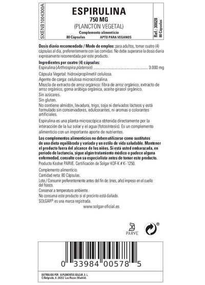Espirulina 750 mg (Plancton) - 80 Cápsulas vegetales