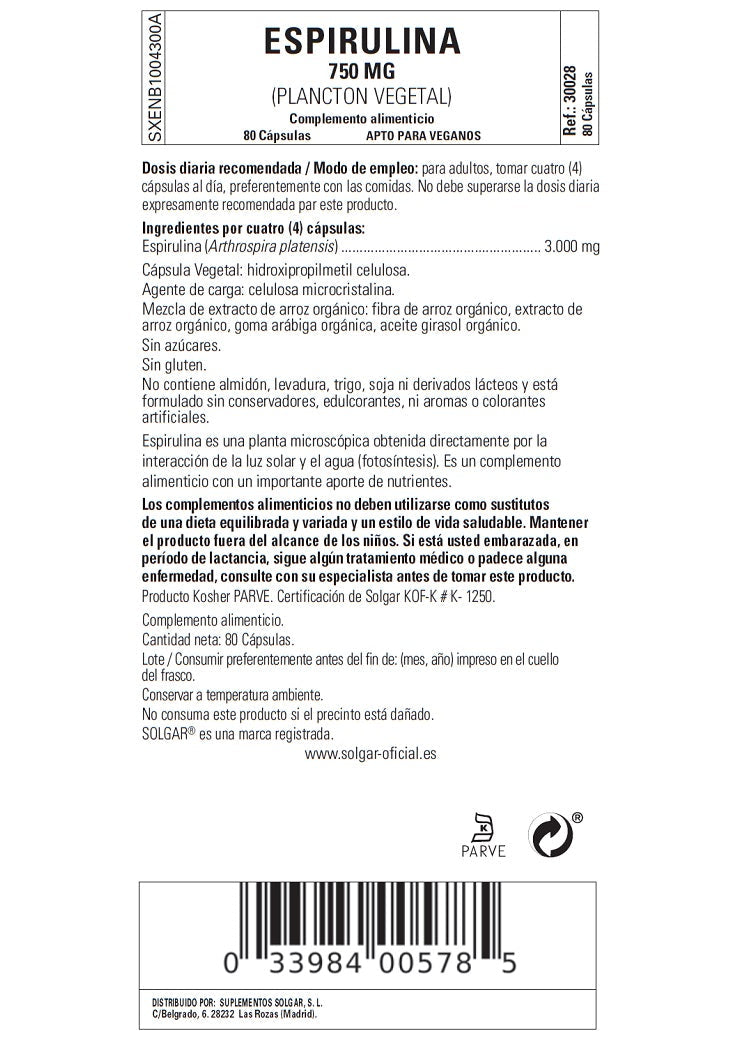 Espirulina 750 mg (Plancton) - 80 Cápsulas vegetales