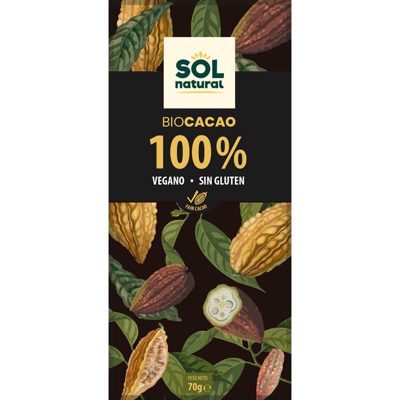 Tableta chocolate cacao puro 100% Bio 70g Sol Natural
