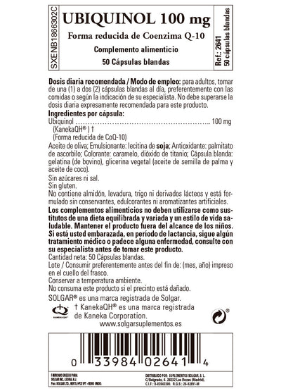 Ubiquinol 100 mg. Forma reducida de Co-Q10 - 50 Cápsulas blandas