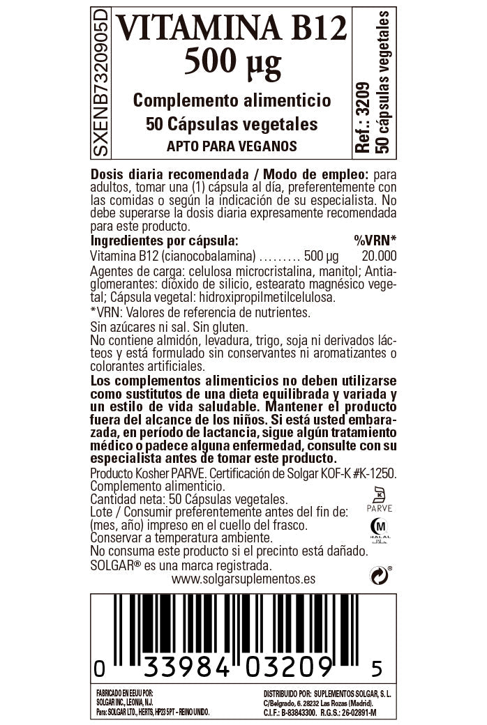 Vitamina B12 500 ?g (Cianocobalamina) - 50 Cápsulas vegetales