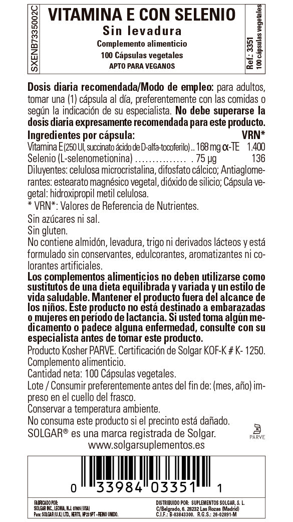 Vitamina E con Selenio (sin levadura)  - 100 Cápsulas vegetales