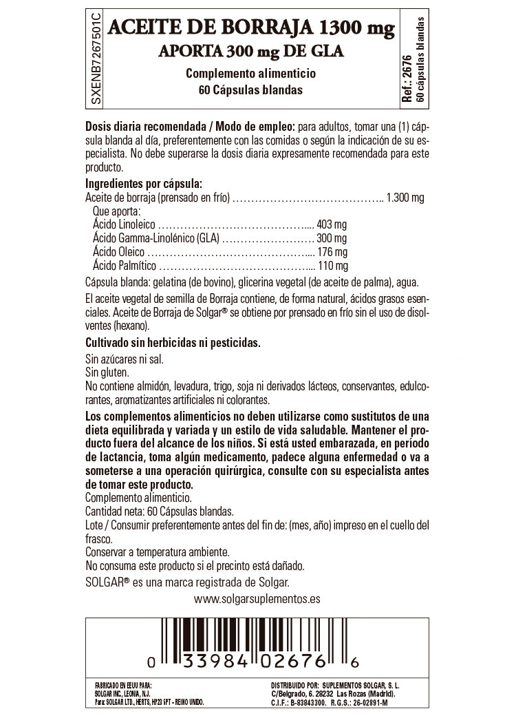 Aceite de Borraja 1300 mg (60 Cápsulas blandas) - Solgar