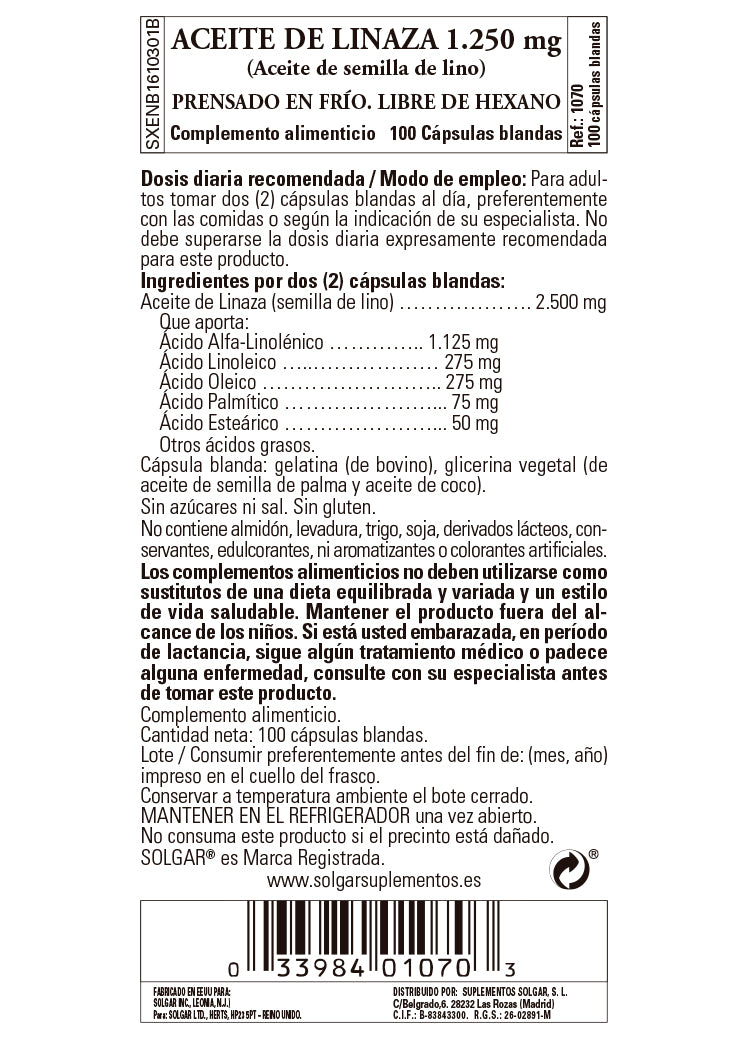 Aceite de Linaza 1250 mg - 100 Cápsulas blandas